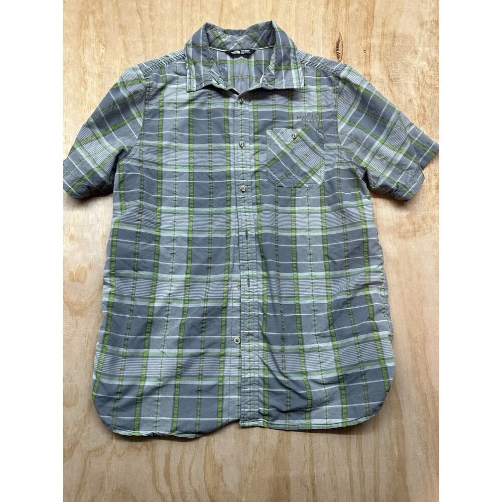 North face Men’s Button Down‎ Plaid Nylon Searsucker Short Sleeve M Gray Green